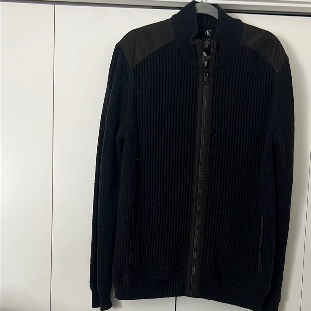 Men's Black Sweater Calvin Klein Ribbed Cozy Cardigan Zip Up Knit
